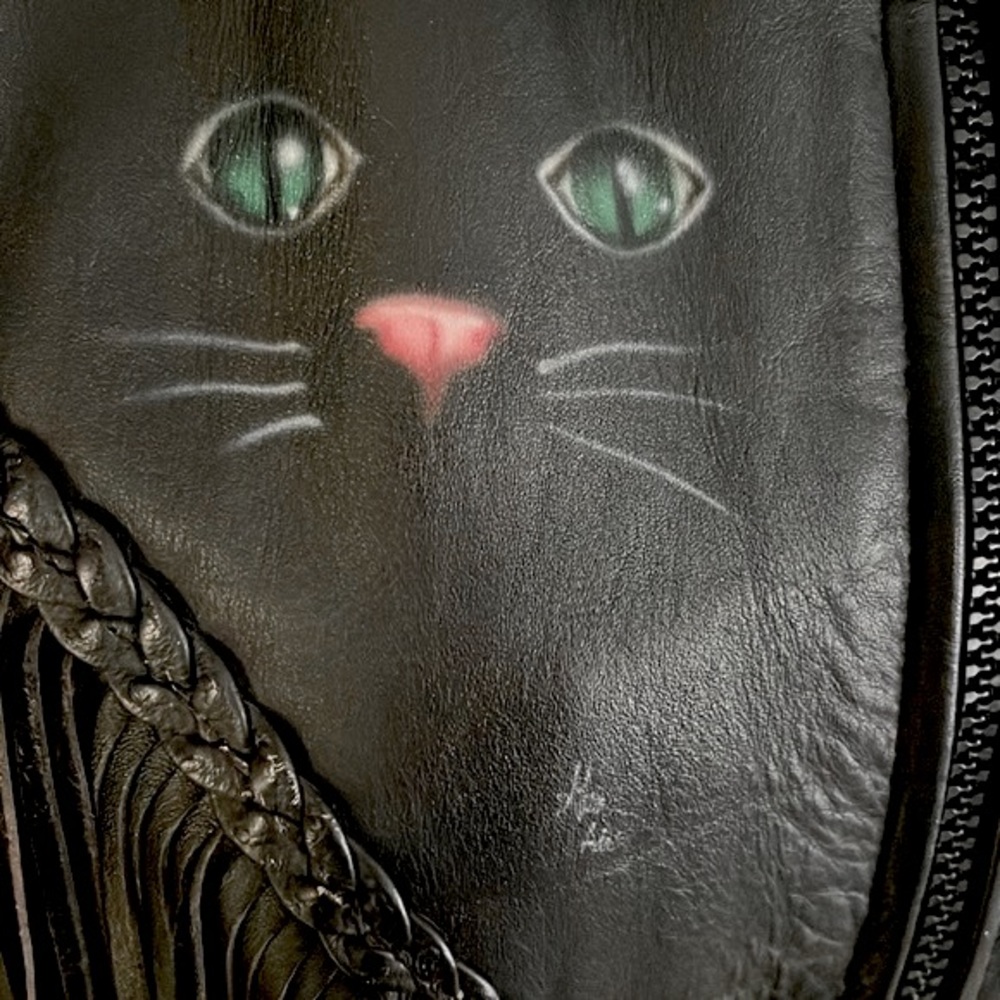 Leather Jacket w/ Hand Painted Cat Black Fringe Motorcycle Western Vintage Small - Picture 5 of 16